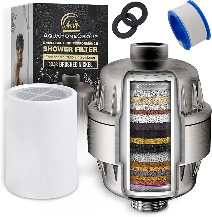 AquaHomeGroup 20 Stage Shower Filter with Vitamin C E and A - Reduces Chlorine, Heavy Metals and Sediment - 2 Cartridges Included - Consistent Flow - Brushed Nickel