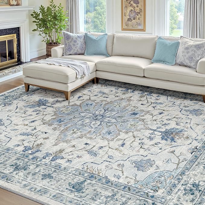 RELEANY Area Rugs 8'x10' Washable Non-Slip, Floral Vintage Distress Medallion Carpet for Living Room Bedroom Dining Room, Light Blue Navy Gray White