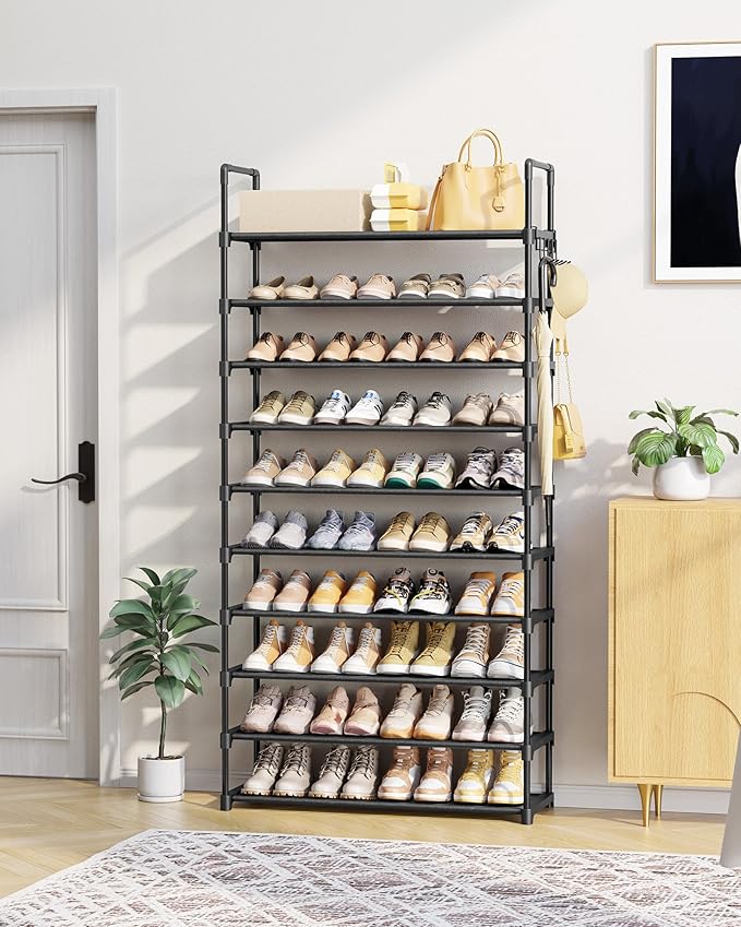 Kitsure Shoe Rack for Closet - 10-Tier Shoe Organizer with Hook Rack, Large-Capacity & Space-Saving Shoe Shelf for Entryway, Bedroom, Living Room,32.2" x 11.8" x 68.5", Black