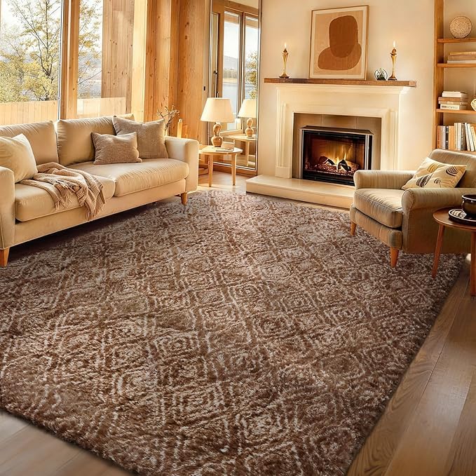 Ophanie 9x12 Brown and White Diamond Striped Rugs for Living Room,Large Fluffy Shag Fuzzy Plush Soft Carpets, Shaggy Rug for Bedroom, Carpet for Kids Boys Girls Dorm Nursery Home Decor Aesthetic