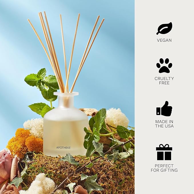 Apotheke Luxury Scented Reed Diffuser for Home, Wild Mint & Ivy - 6.7 Fl Oz Essential Oil Aromatherapy - 10 Rattan Scent Sticks Room Diffuser - Long-Lasting Fragrance for Bedroom, Home, Bathroom