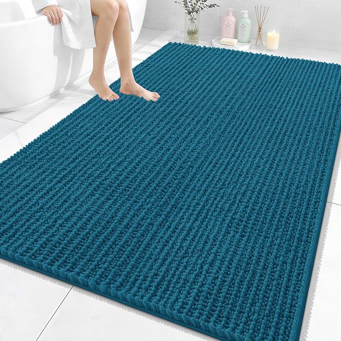 OLANLY Bathroom Rug Mat 70x46, Thick Soft and Absorbent Chenille Bath Mat, Non-Slip Rubber Backing, Machine Washable Quick Dry Bath Rugs for Tub Shower Floor, Home Decor Accessories, Peacock Blue