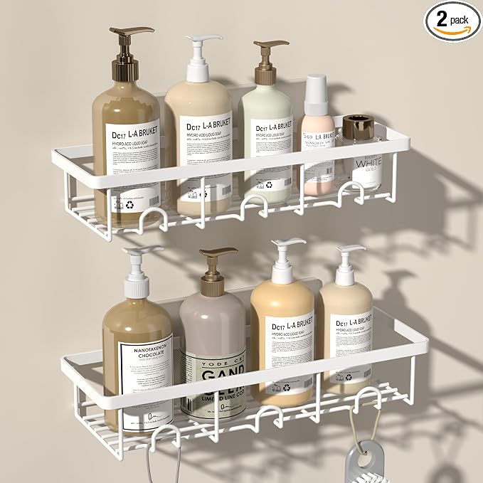 White Shower Caddy Organizer, 2 Pack Adhesive Shampoo Holder Basket Shelves for Storage and Organization, Wall Suction Bath Bathtub Rack Set for RV Camper, Bathroom Restroom Decor and Accessories