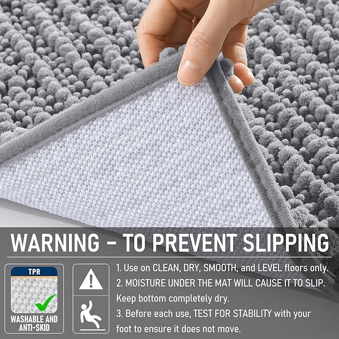 OLANLY Bathroom Rug Mat 59x35, Thick Soft and Absorbent Chenille Bath Mat, Non-Slip Rubber Backing, Machine Washable Quick Dry Bath Rugs for Tub Shower Floor, Home Decor Accessories, Grey