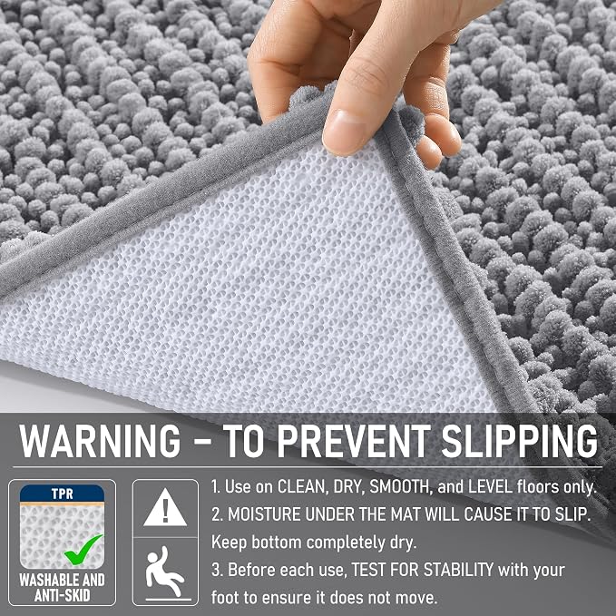 OLANLY Bathroom Rug Mat 44x32, Thick Soft and Absorbent Chenille Bath Mat, Non-Slip Rubber Backing, Machine Washable Quick Dry Bath Rugs for Tub Shower Floor, Home Decor Accessories, Grey