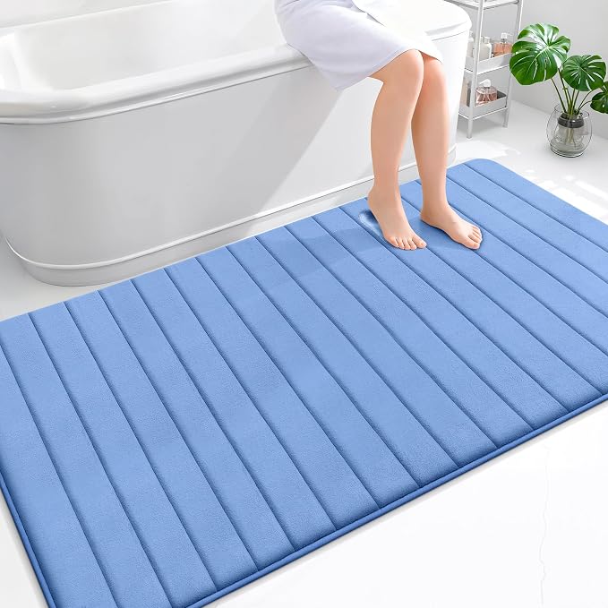 OLANLY Memory Foam Bath Mat 70x46, Super Soft Absorbent Bathroom Rugs, Quick Dry, Machine Washable Shower Floor Rugs, Bathmat Carpet, Bathroom Home Decor Accessories, Cornflower Blue