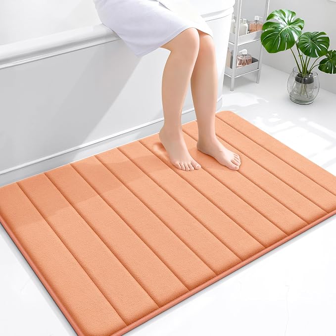 OLANLY Memory Foam Bath Mat 44x32, Super Soft Absorbent Bathroom Rugs, Quick Dry, Machine Washable Shower Floor Rugs, Bathmat Carpet, Bathroom Home Decor Accessories, Peach