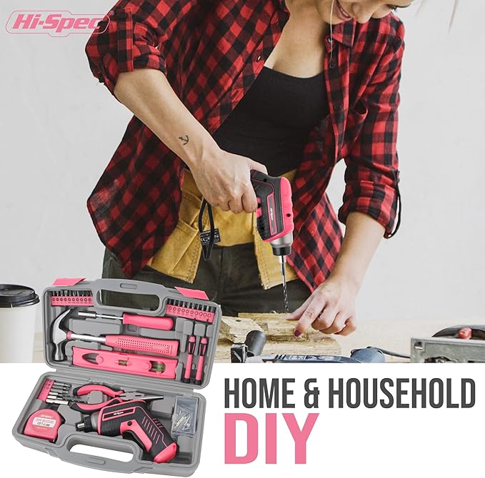 Hi-Spec 35-Piece Tool Kit with 3.6V USB Small Electric Screwdriver Set, Pink Drill Set for Women, Tool Kit for Home