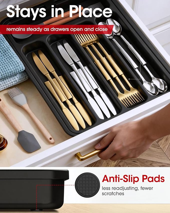 Aujen Silverware Organizer - Expandable Kitchen Drawer Organizer, Adjustable Utensil Organizer, Cutlery Tray for Forks, Knives, Multipurpose Kitchen Organizers and Storage Solution, Black, Medium