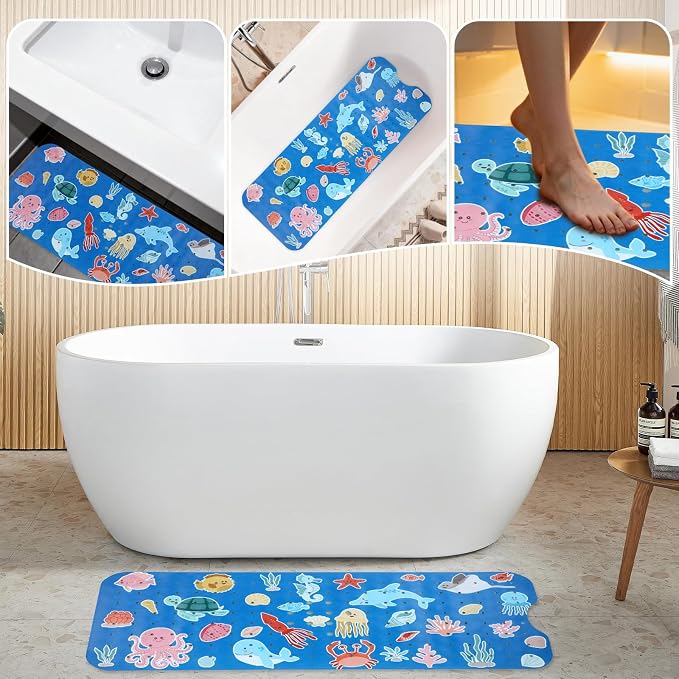 Bath Tub Shower Mat Non Slip Kids Bathtub Mat Anti Slip Baby Bath Mat for Tub 40 x 16 Inch Extra Long Toddler Bath Mat with Suction Cups and Drain Holes for Bathroom Floor,Machine Washable,Octopus