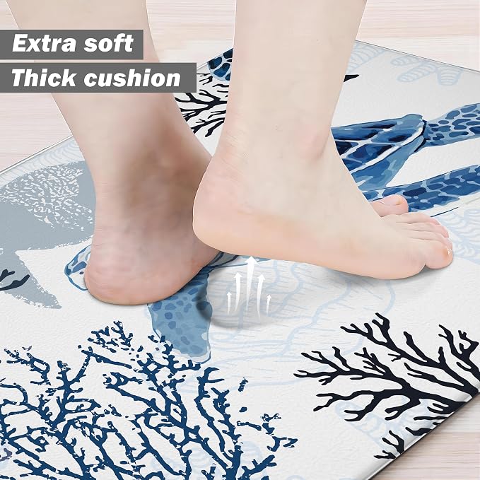 Coastal Beach Kitchen Floor Mat Rugs Nautical Decorative Coral Sea Turtle Kitchen Rugs Anti Fatigue Mats Non-Slip Comfort Standing Cushioned for Kitchen 17.3" 28" + 17.3" x 47" Set 2 Pcs Navy Blue
