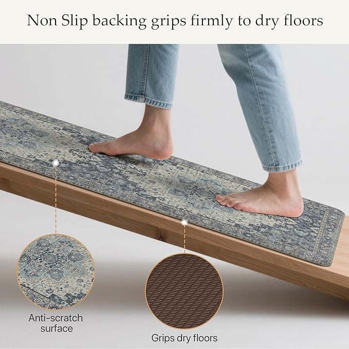 GENIMO Kitchen Mats for Floor, Washable Anti Fatigue Mat for Cushioned, 17.3"x59", Waterproof Kitchen Rugs, Non Slip Foam Comfort Standing Mat Rug for Home, Runner, Sink, Laundry, Center Blue