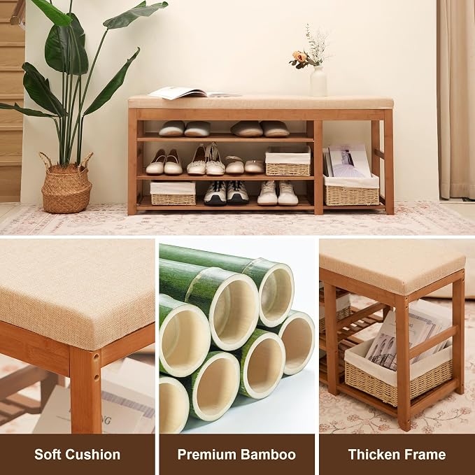PETKABOO 47.2 in Shoe Rack Bench with Cushion, 3 Tier Bamboo Entryway Bench with Storage for Entryway, Hallway, Bedroom, Living Room