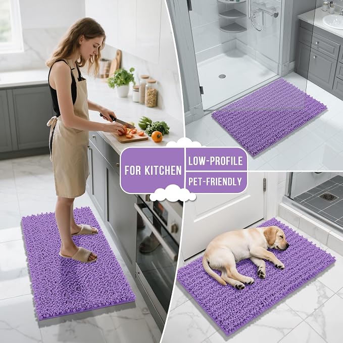 Yimobra Bathroom Rugs Non Slip Washable 32x20 Inch - Ultra Soft Absorbent Chenille Bath Mat, Quick Dry Shaggy Floor Carpet for Tub Shower, Lavender Home Decor Accessories