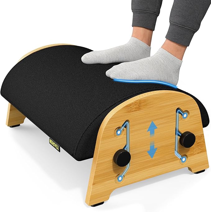 YEASHEIN Ergonomic Foot Rest Under Desk at Work, Bamboo Wood Adjustable Foot Stool Under Desk with 6 Positions, Office Footrests with Memory Foam, Leg Rest Used for Car, Home, PC Gaming Accessories