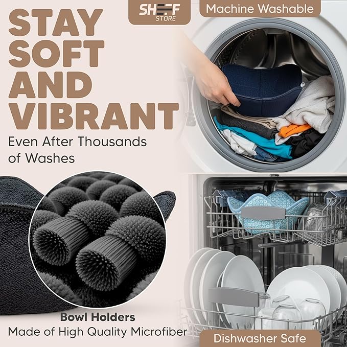 Sheff Set of 4 Plate Cozy Holders - Microwave Plate Holders - Reusable Large Bowl Holders - Washable Microwave Huggers - for Hot and Cold Bowls, Dishes (Black)