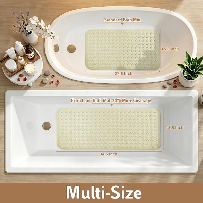 Yimobra Non Slip Bath Mat, Super Strong Suction Cups, 35"X16" Long Tub Mat with Drain Holes, Machine Washable Fast Draining Shower Mats, Bathroom Essentials, Beige