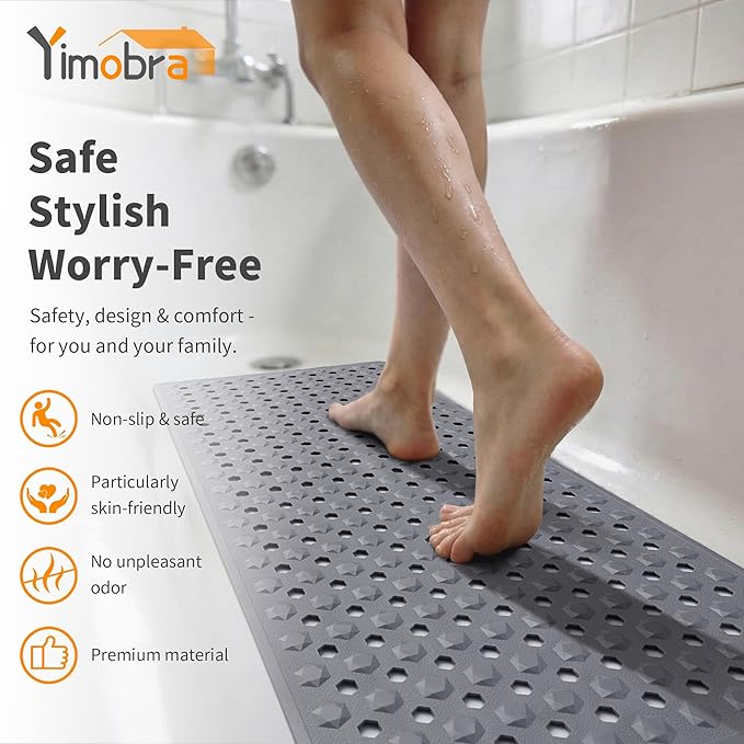Yimobra Bathtub Mat Non Slip, 27.5"X15.5" Machine Washable Shower Floor Mat, Soft on Feet, Bathmat with Drain Holes and Suction Cups, Bathroom Essentials, Grey