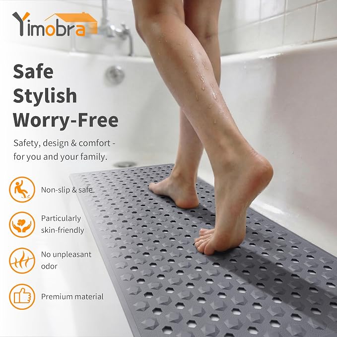 Yimobra Bath Tub Mat Non Slip, 34.5"X15.5" Long Shower Mat, Machine Washable Bathmat with Drain Holes and Suction Cups, Soft on Feet, Bathroom Essentials, Grey