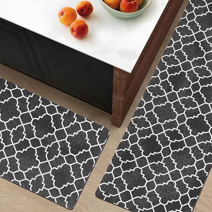 FRESHMINT Kitchen Mat Set of 2, Anti-Fatigue Cushioned Kitchen Mats for Floor, Waterproof Non Slip Comfort Standing Mat, Boho Kitchen Rug for Kitchen Decor, Sink, Office, 17"x30"+17"x47", Black
