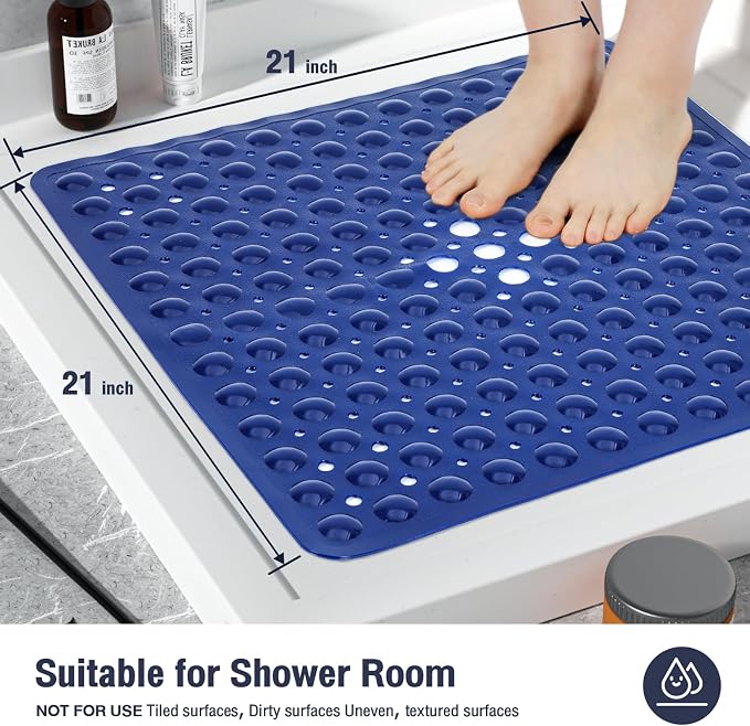 Square Shower Bathtub Mat Non Slip for Inside Shower Navy Blue 21x21 Inch, Shower Stall Mats for Bathroom Floor, Soft Bath Mat for Tub with Big Suction Cups Drain Holes, Easy Washable Dry