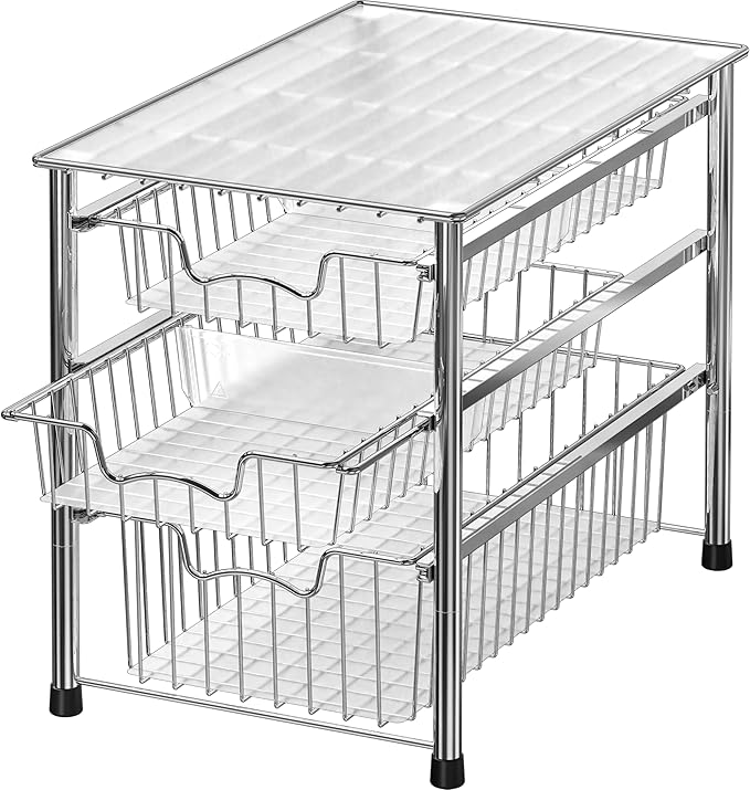 Simple Houseware Stackable 3 Tier Sliding Basket Organizer Drawer, Chrome