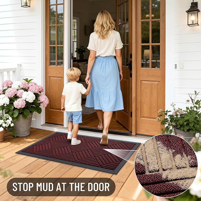 OLANLY Front Door Mat Outside Entrance 35x23, Absorbent, Heavy Duty Sturdy Natural Rubber Doormat Indoor Outdoor, Stain Fade Resistant, Non-Slip Low Profile Floor Mat for Entryway, Burgundy Diamond