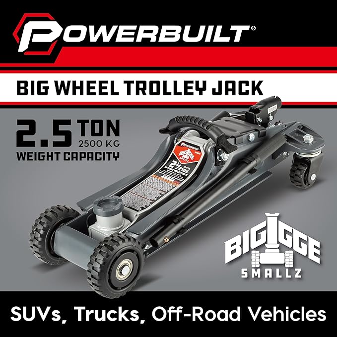 Powerbuilt Biggie Smalls 2.5-Ton Off-Road Trolley Jack with 4" Oversized Wheels, Saddle Extension, Integrated Handle Storage, Portable Design for SUVs, Trucks, and Off-Road Vehicles 620683ECE