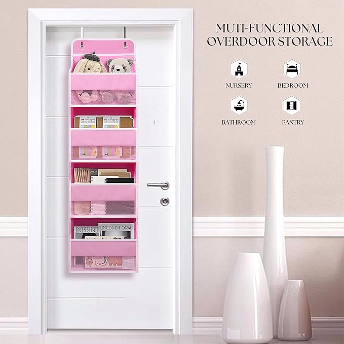 TYMENSH Pink Over Door Organizer with 4 Large Clear Pockets, Hanging Door Storage for Nursery, Bedroom, Bathroom, Closet, Toys, Diapers, Cosmetics, Baby Essentials