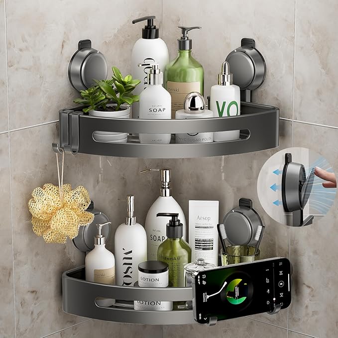 Corner Shower Caddy Suction Cup,Shower Shelves with Hooks,No Drilling Powerful Upgrade Suction Bathroom Corner Organizers and Storage,Removable Waterproof Rustproof Shower Shelf Bathroom Decor