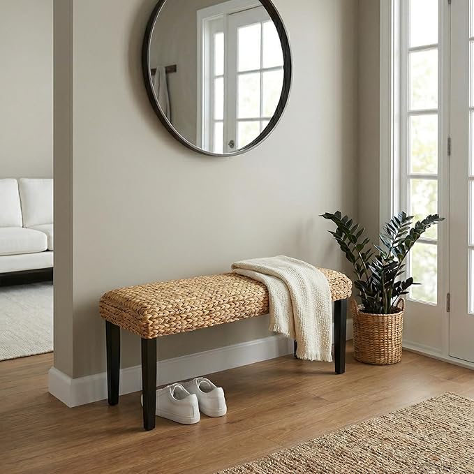 Entryway Bench with Solid Wood Acacia, 47" End of Bed Bench for Bedroom, Water Hyacinth Indoor Bench Seat, Boho Woven Bench for Living Room, Wicker Bench for Hallway or Kitchen, Wood Bench (Black Leg)