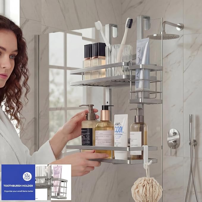 Over the Door Shower Caddy Hanging, Rustproof Shower Shelves with Waterproof Phone Pouch, 2-Tier Adjustable Bathroom Organizers and Storage, No Drilling Shampoo Soap Shelf (Silver 2-Tier)