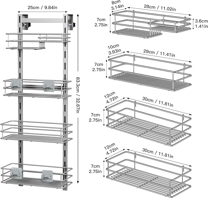 Orimade Shower Caddy Adjustable Height 4 Tier Silver,Bathroom Hanging Over the Door Organizer Shelf Rustproof with 4 Hooks,Shower Basket with Soap Holder and Suction Cup