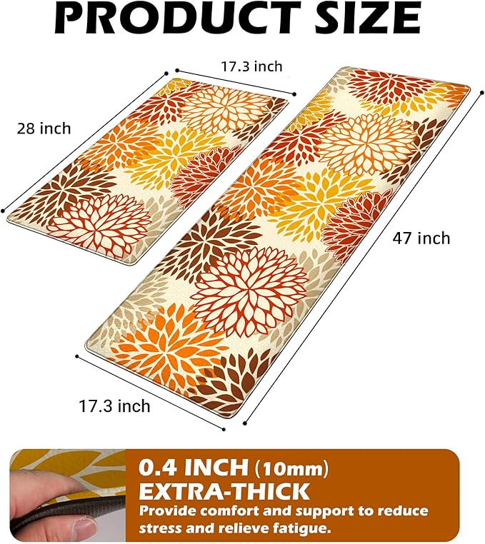Orange Fall Kitchen Mats for Floor, Cushioned Anti Fatigue Memory Foam Kitchen Rugs Set of 2, Non Slip Waterproof Kitchen Runner Floor Mat, Comfort Standing Mat for Sink, Laundry, Autumn Home Decor