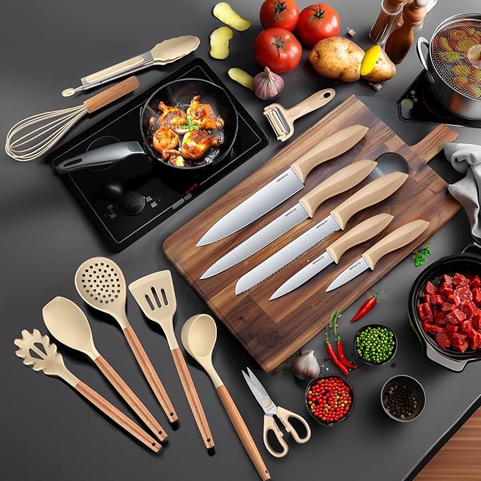 RAXCO Cooking Utensils Set,18-Piece Kitchen Utensils and Knife Set,Khiki | Food-grade Silicone Utensils Heat-resistant to 410°F,5-Piece Stainless Steel Kitchen Knife with Sharpener and Cutting Board
