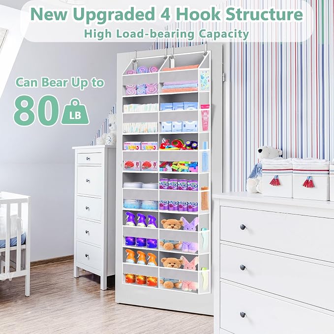 UVIAHOMI Heavy Duty Over The Door Organizer 6 Tiers, Extra Large Behind Door Storage of 12 Front & 12 Mesh Pockets, 80lb Weight Capacity, Hanging Doors Storage for Closet Bedroom Nursery, Light Gray