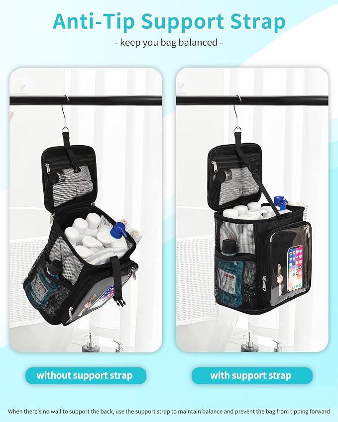 CUBETASTIC Hanging Shower Caddy Portable Bag - Quick Dry Shower Tote for Dorm College Essentials, Water-Resistant Travel Toiletry Bag with Separate Compartment & Multiple Pockets (Black, M)