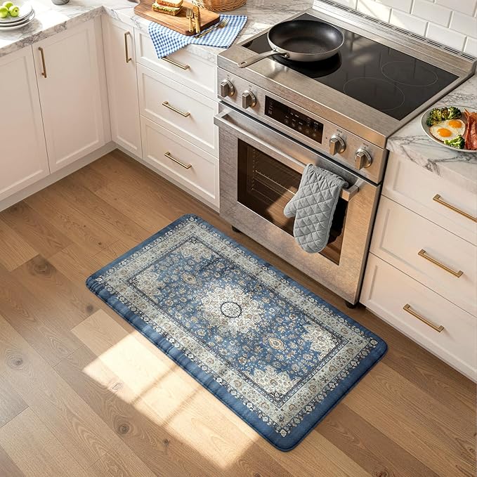Collive Boho Blue Kitchen Mats Cushioned Anti Fatigue Mats, Non-Slip Kitchen Floor Mats, Kitchen Rugs for Sink, Laundry,Office, 17”x30” Waterproof Standing Desk Mat