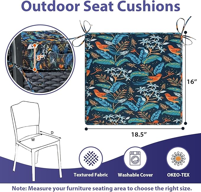 IPYNBAP Outdoor Chair Cushions Set of 4 -Waterproof Outdoor Seat Cushions for Patio Furniture, Patio Chair Cushion with Handle and Ties, Out Door Chair Pads,18.5x16x3-Square, Black Nightingale