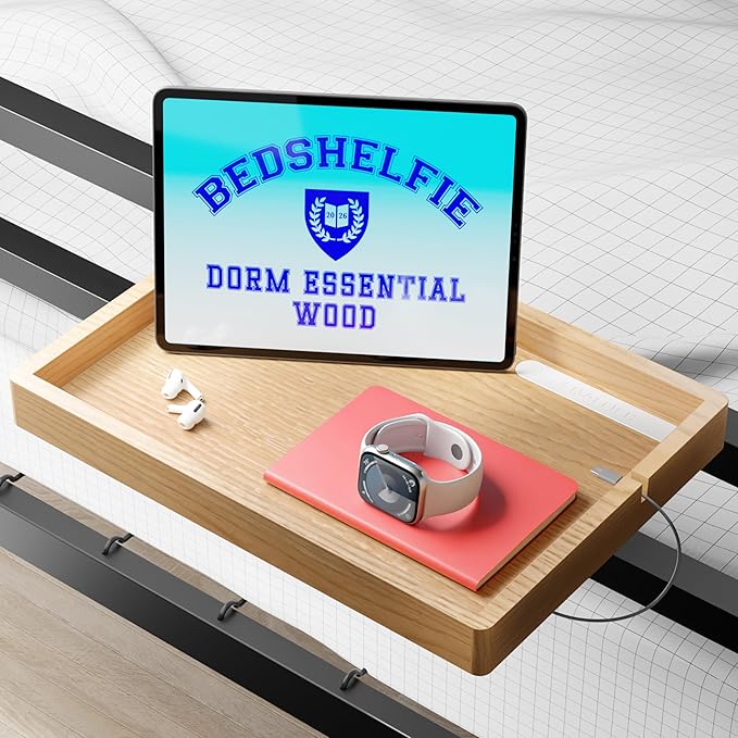 BedShelfie Wood Bedside Shelf for Bunk Bed & Top Bunk, College Dorm Room Essentials, Loft Nightstand, Floating Bed Side Table Tray Storage, Dorm Room Decor By Smallish - (DormEssential Wood, Natural)