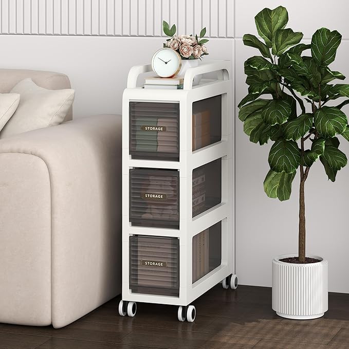 Bathroom Storage with Drawers, 7.87" Wide Slim Storage Cabinet with Wheels for Small Spaces, Narraw Cart for Kitchen Office Bedroom Dinning Room Under Desk, 26" Tall