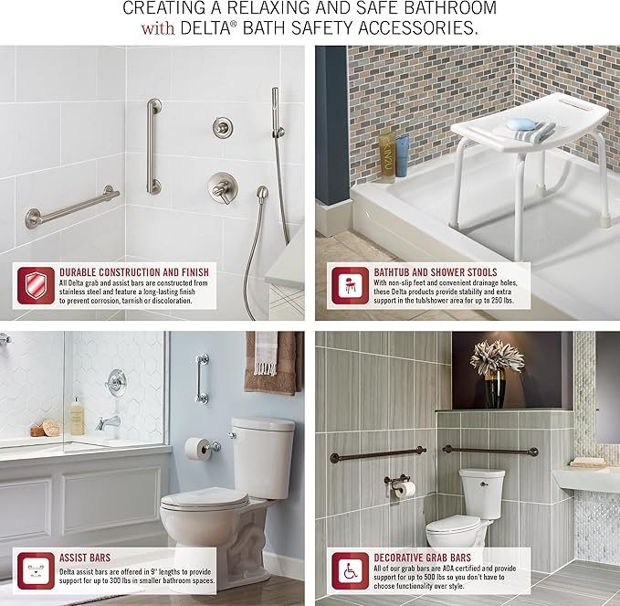 Grab Bar, ADA Compliant Bathroom Shower, Traditional 12 in. x 1-1/4 in. Concealed Screw, Brilliance Stainless Steel