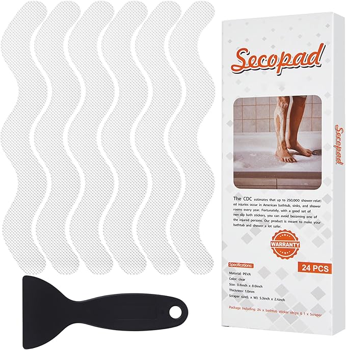 Secopad Patented Anti Slip Shower Stickers, 24PCS Adhesive Decals Safety Strips with Scraper for Bath Tub, Shower Floor, Stairs, Clear, 0.8"*8"