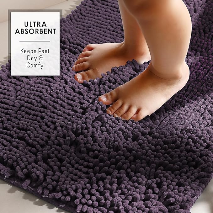 Hearth & Harbor Bathroom Rugs, Chenille Bath Mat - Machine Washable Bath Mats for Bathroom Non-Slip Backing Rubber, Quick Dry Mat - Purple Bath Rug, 17x24-20x32-20x24