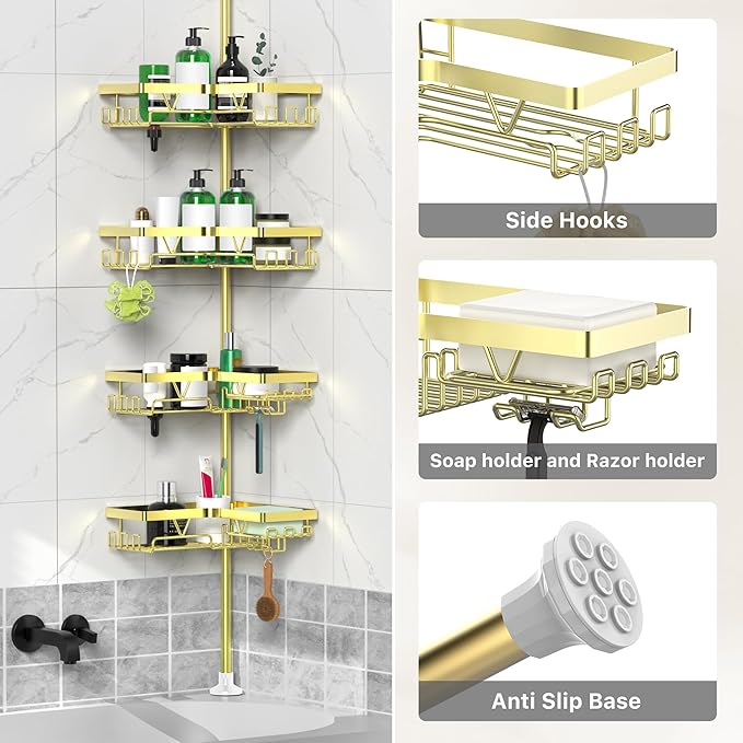 DAOYA Shower Caddy Tension Pole - Gold Corner Shower Caddy Stainless Steel Bathroom Shower Organizer for Tub Tension Rod Corner Shower Shelves(25-114inch)