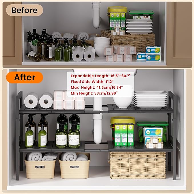 Under Sink Organizer and Storage 16.5"-30.7" Expandable Length, Adjustable Height Max 16.7" Under Sink Shelf 2 Tier with Removable ABS Panels Metal Frame for Bathroom Kitchen Pantry Cabitnet Pot Pan