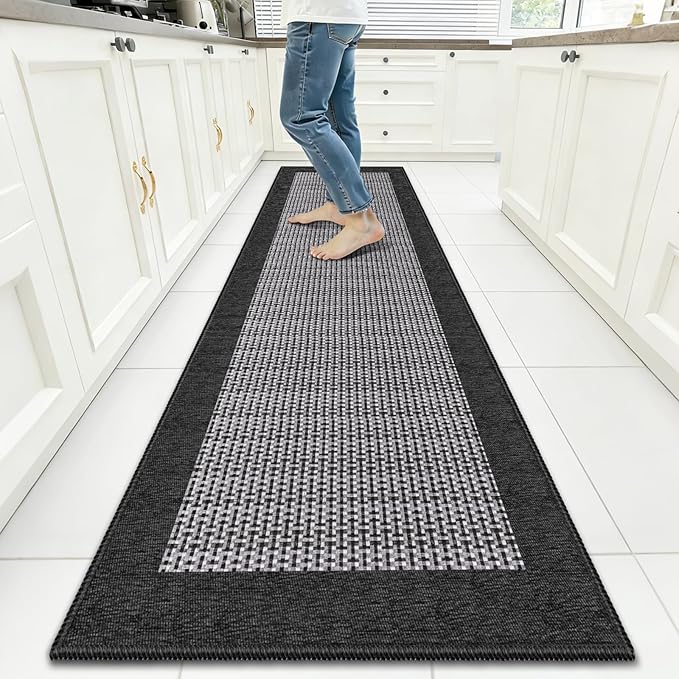 StepRite Kitchen Rugs, Kitchen Mats for Floor, 96"x20" Non-Slip Machine-Washable Kitchen Throw Rug, Absorbent Runner Rugs Office, Sink Standing Desk Mat, Decor Carpet, Black
