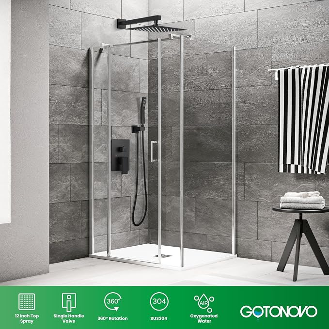 gotonovo Rainfall Bathroom Shower System Rain Shower Head and Handle Set Wall Mounted Shower Complete Combo Solid Brass Pressure Balancing Shower Mixer Valve 12 Inch Matte Black