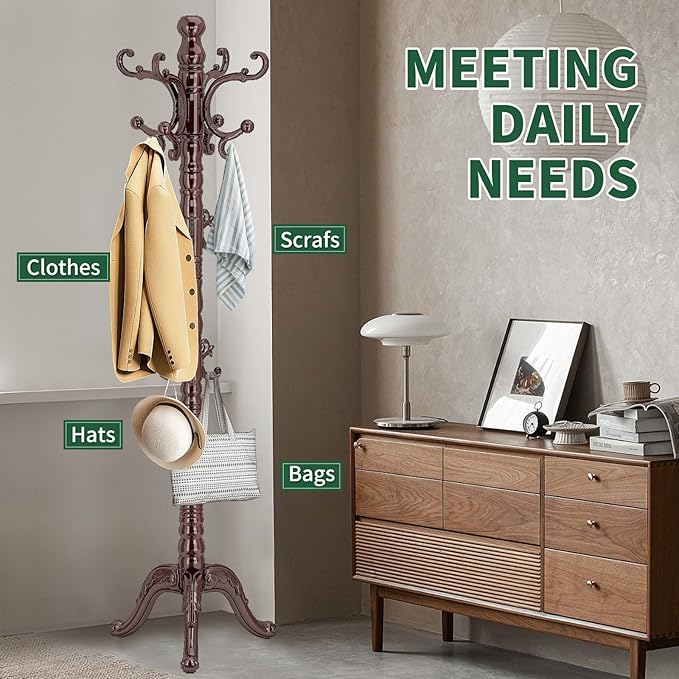 OIRUMIE Wooden Coat Rack Stand, Vintage Wood Coat Rack Freestanding with Sturdy Triangle Base, Classic Coat Racks with 14 Hooks, Natural Birch Wood Coat Tree Hanger Stand for Entryway,Office