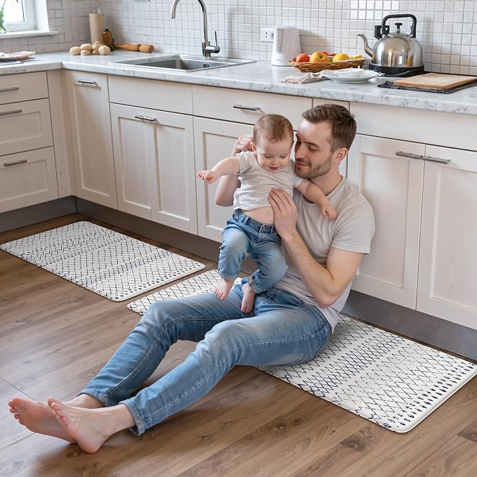KIMODE Kitchen Mats 2PCS Cushioned Anti Fatigue Boho Kitchen Rugs and Mats Non Slip Waterproof Kitchen Mats for Floor Comfort Foam Standing Desk Mat for Home Office Sink Blue White Laundry Room Decor